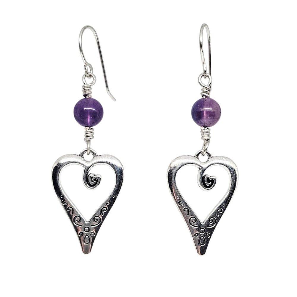 Handmade Purple Flourite Gemstone Silver Tone Heart Boho Dangle Earrings